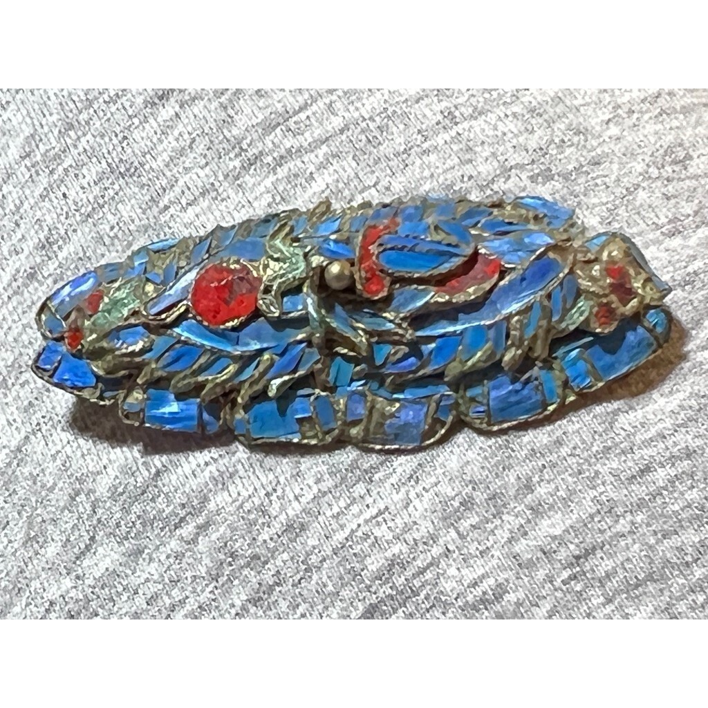 Vintage Kingfisher Feather Brooch Women Blue Red Silver Tone Antique Filigree